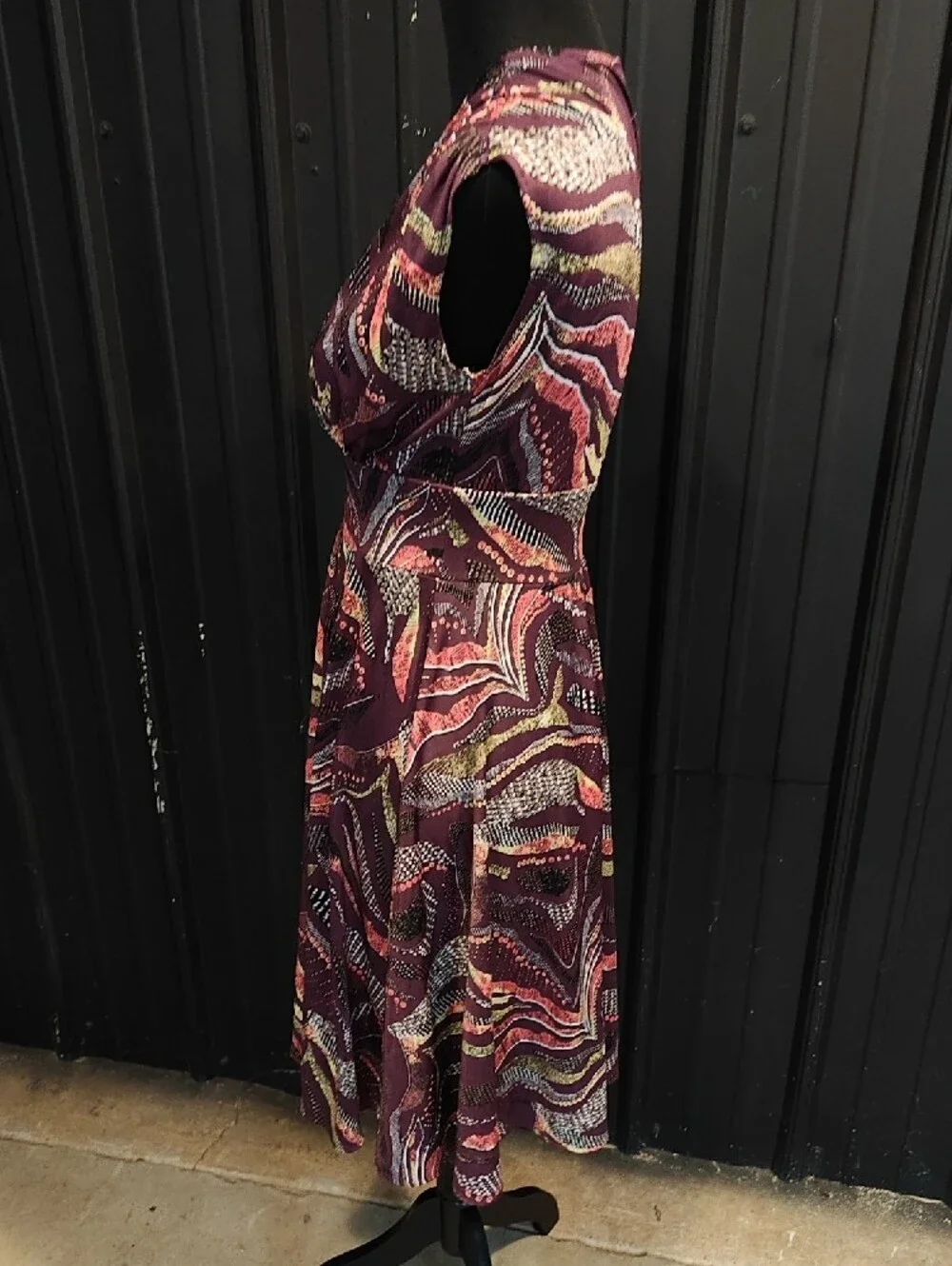 Karina Grimaldi Burgundy Printed Wrap Midi Dress with Pink and Cream Accents